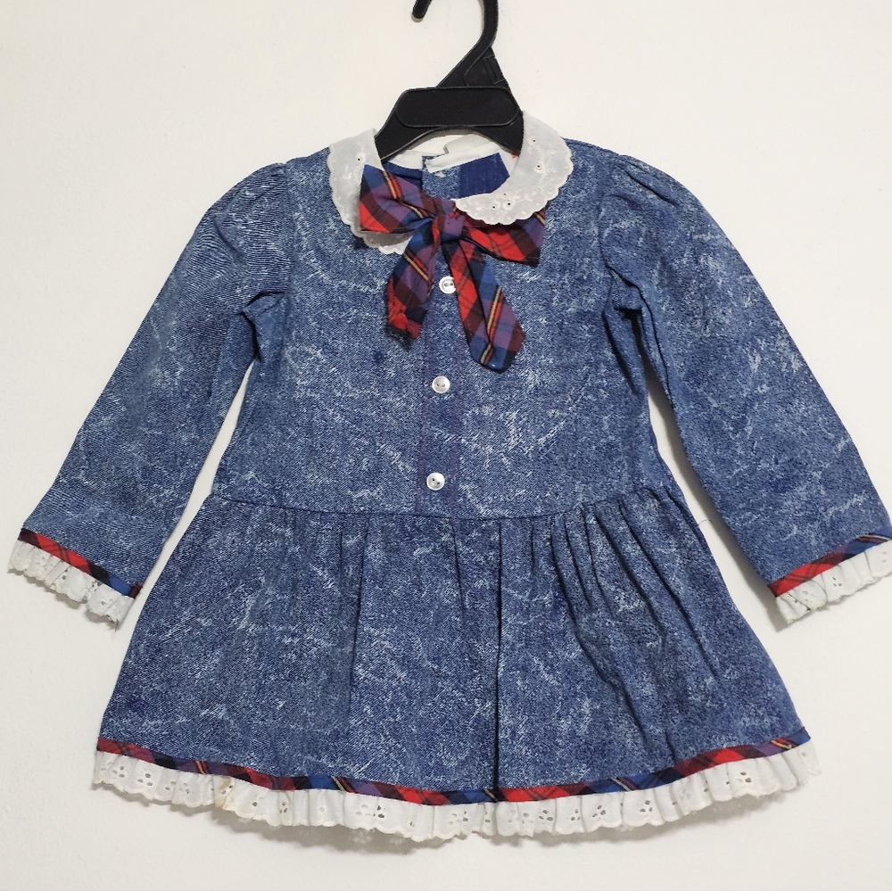 Vintage Winnie The Pooh Toddler Dress Acid Wash Blue Eyelet Trim Disney Size 2T